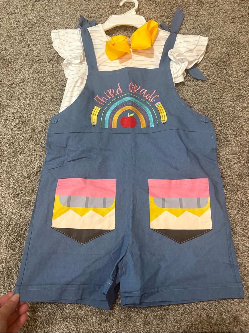 Blue Girls' Short Overalls with Rainbow & Pencil Pocket Detail
